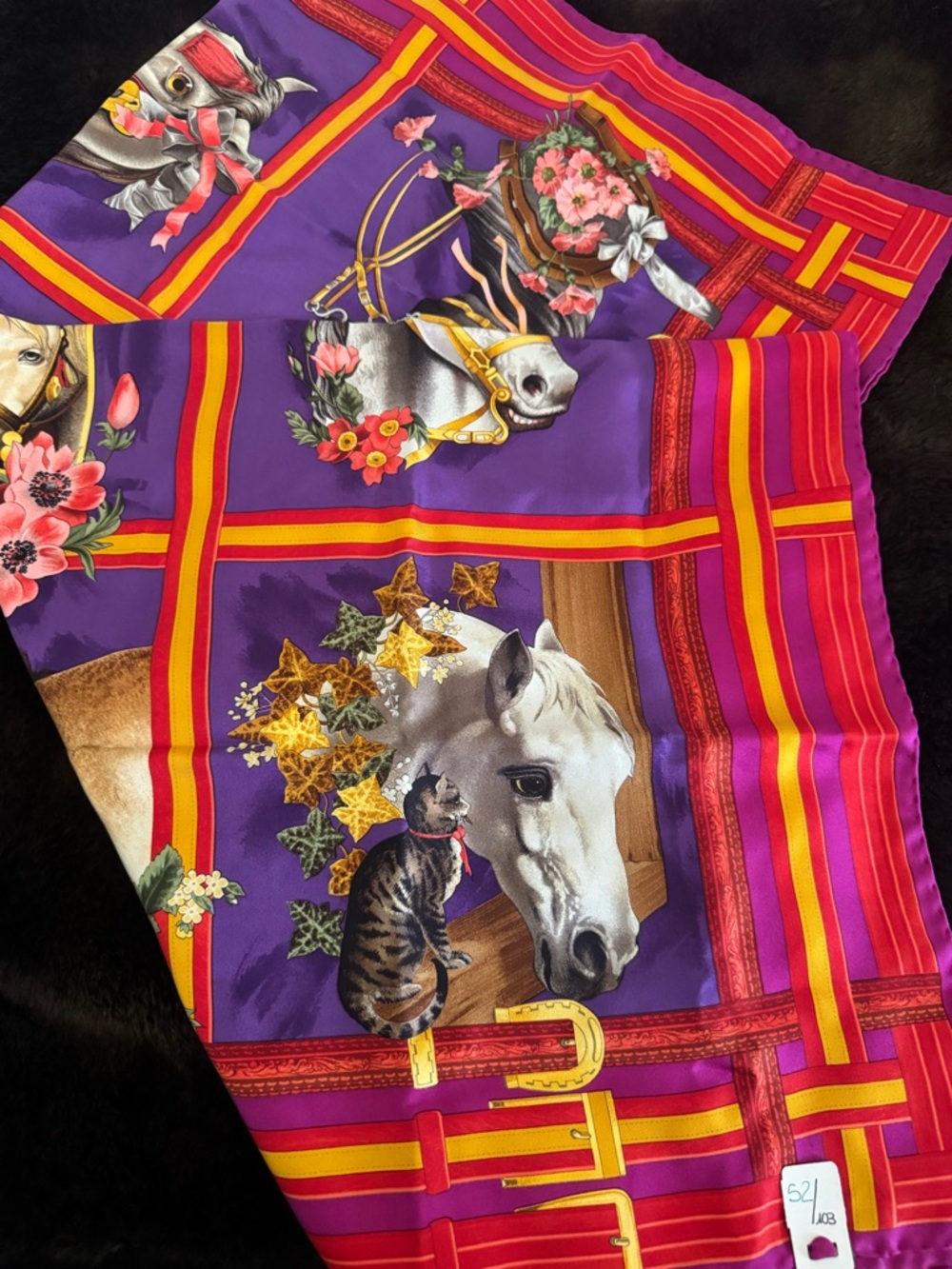 Gucci Multicolor Silk Scarf in Purple, Red & Yellow with Horses - Picture 5 of 6